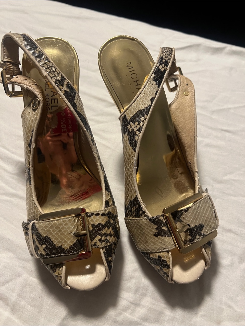 Michael Kors Snake-Print Peep-Toe Slingback Heels with Gold Buckles